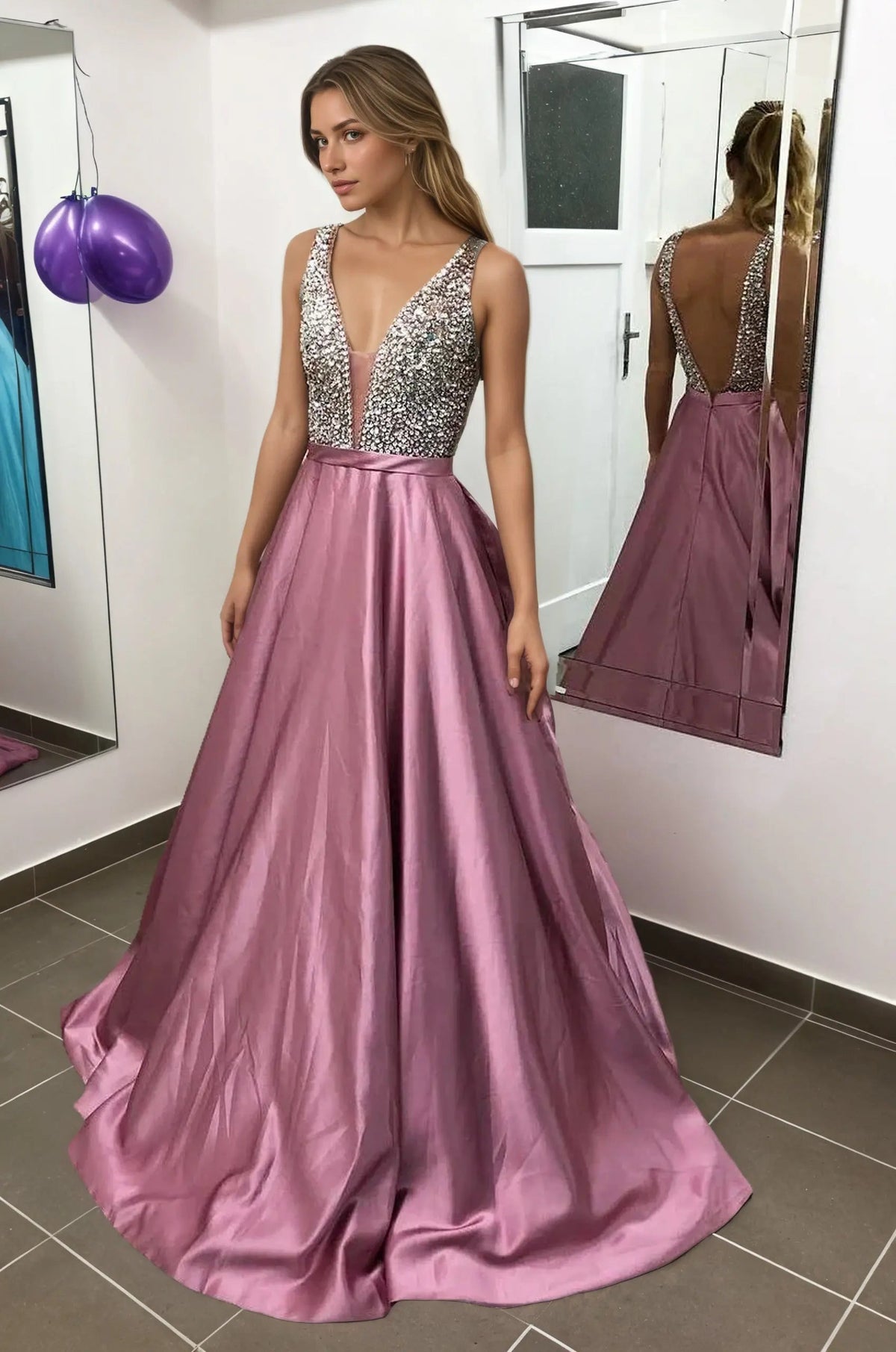 Satin Burgundy Formal Prom Dresses Sparkly Long Princess Evening Gowns