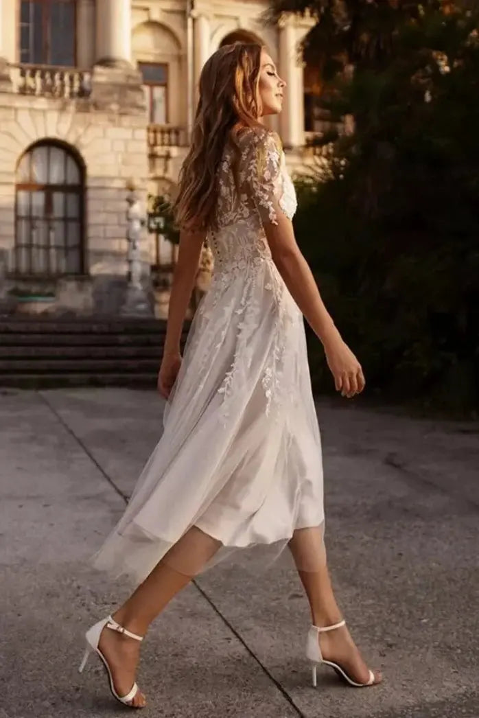 A-line Scoop Short Sleeves Appliques Lace Tea-Length Tulle Wedding Dress