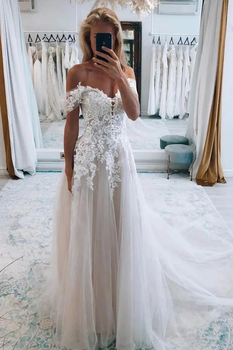 A-Line Ivory Off the Shoulder Long Wedding Dress with Lace Appliques