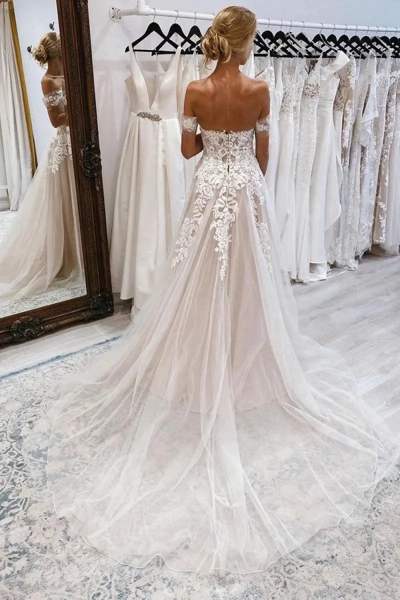 A-Line Ivory Off the Shoulder Long Wedding Dress with Lace Appliques