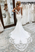 Mermaid White Deep V-Neck Long Wedding Dresses with Lace Appliques