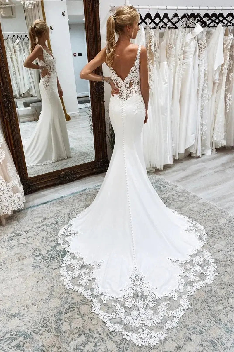 Mermaid White Deep V-Neck Long Wedding Dresses with Lace Appliques