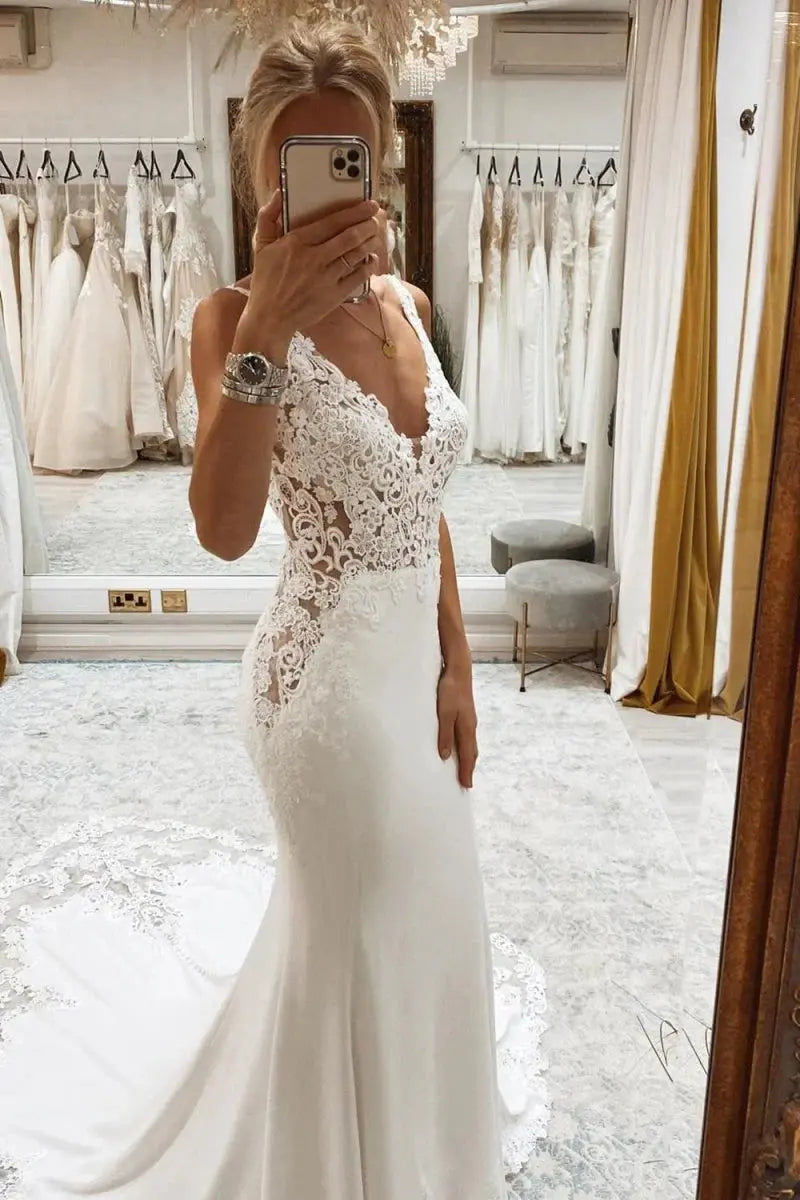 Mermaid White Deep V-Neck Long Wedding Dresses with Lace Appliques