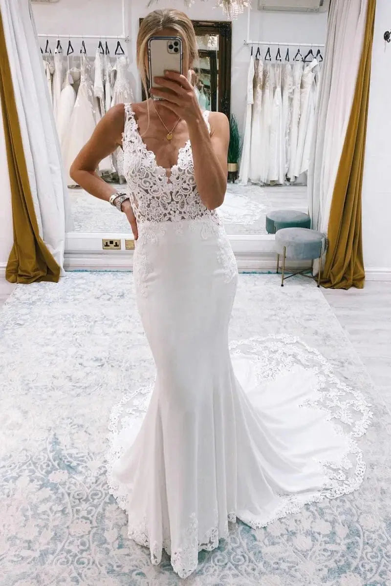 Mermaid White Deep V-Neck Long Wedding Dresses with Lace Appliques