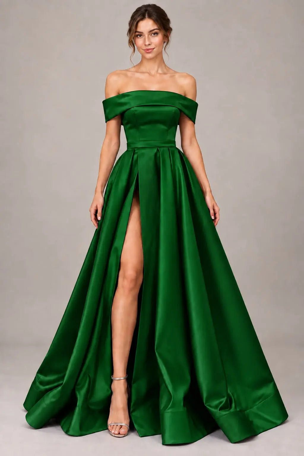 A-line Off-the-Shoulder Sleeveless Long/Floor-Length Satin Prom Dresses With Split