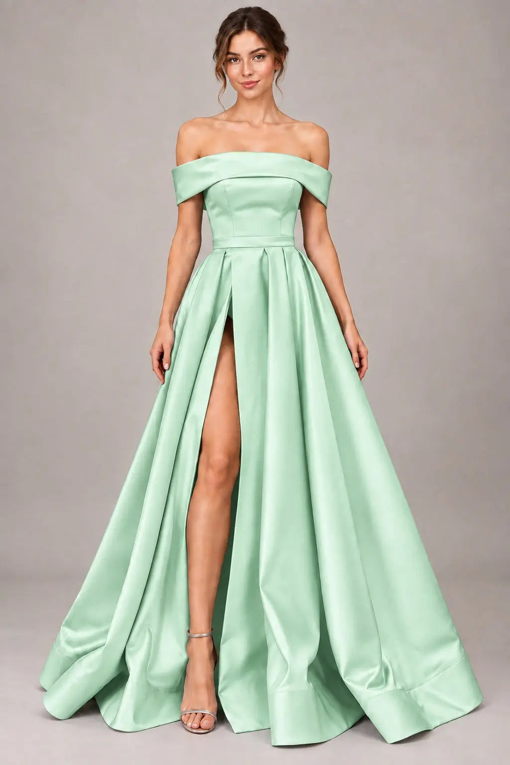 A-line Off-the-Shoulder Sleeveless Long/Floor-Length Satin Prom Dresses With Split