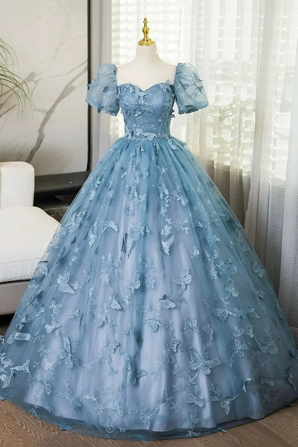 A-Line/Princess Blue Lace Butterfly Long Prom Dress Elegant Short Sleeve Evening Formal Dress