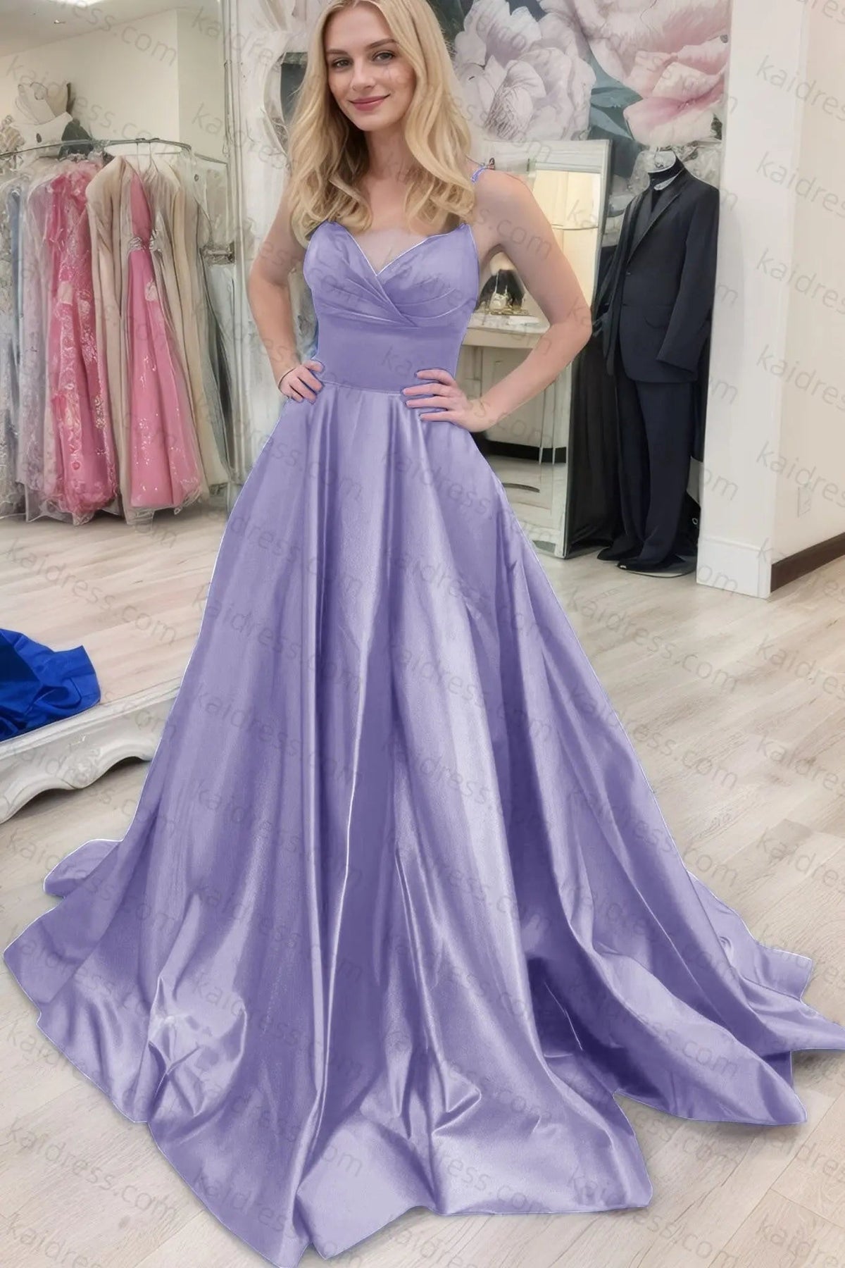 A-line V Neck Sleeveless Court Train Satin Prom Dresses With Bowknot Pleated Waistband
