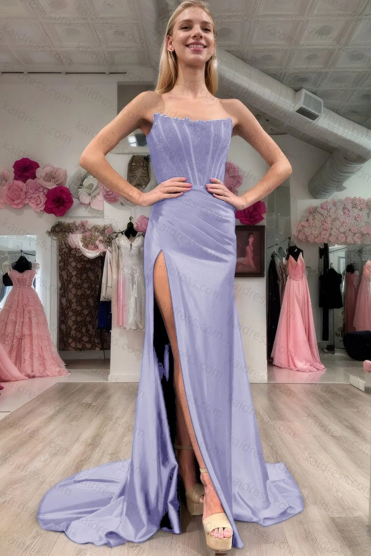 Sheath/Column Elastic Woven Satin Ruched Off-the-Shoulder Sleeveless Sweep/Brush Train Prom Dresses
