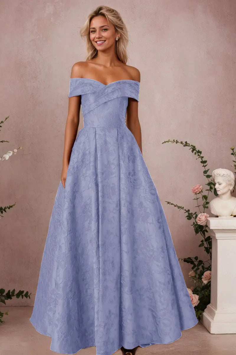 A-Line Off Shoulder Satin Burgundy Long Prom Dress Floral Jacquard Formal Ball Gowns