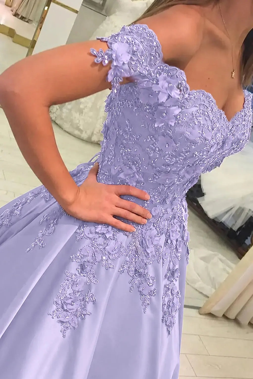Appliquéd Off-the-Shoulder Satin Princess Prom Dress with Beads