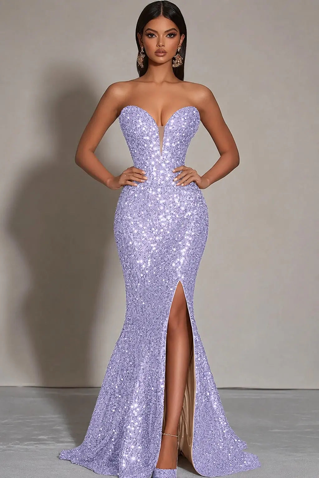 Sparkly Gold Sequins Mermaid Strapless Long Formal Dress with Slit