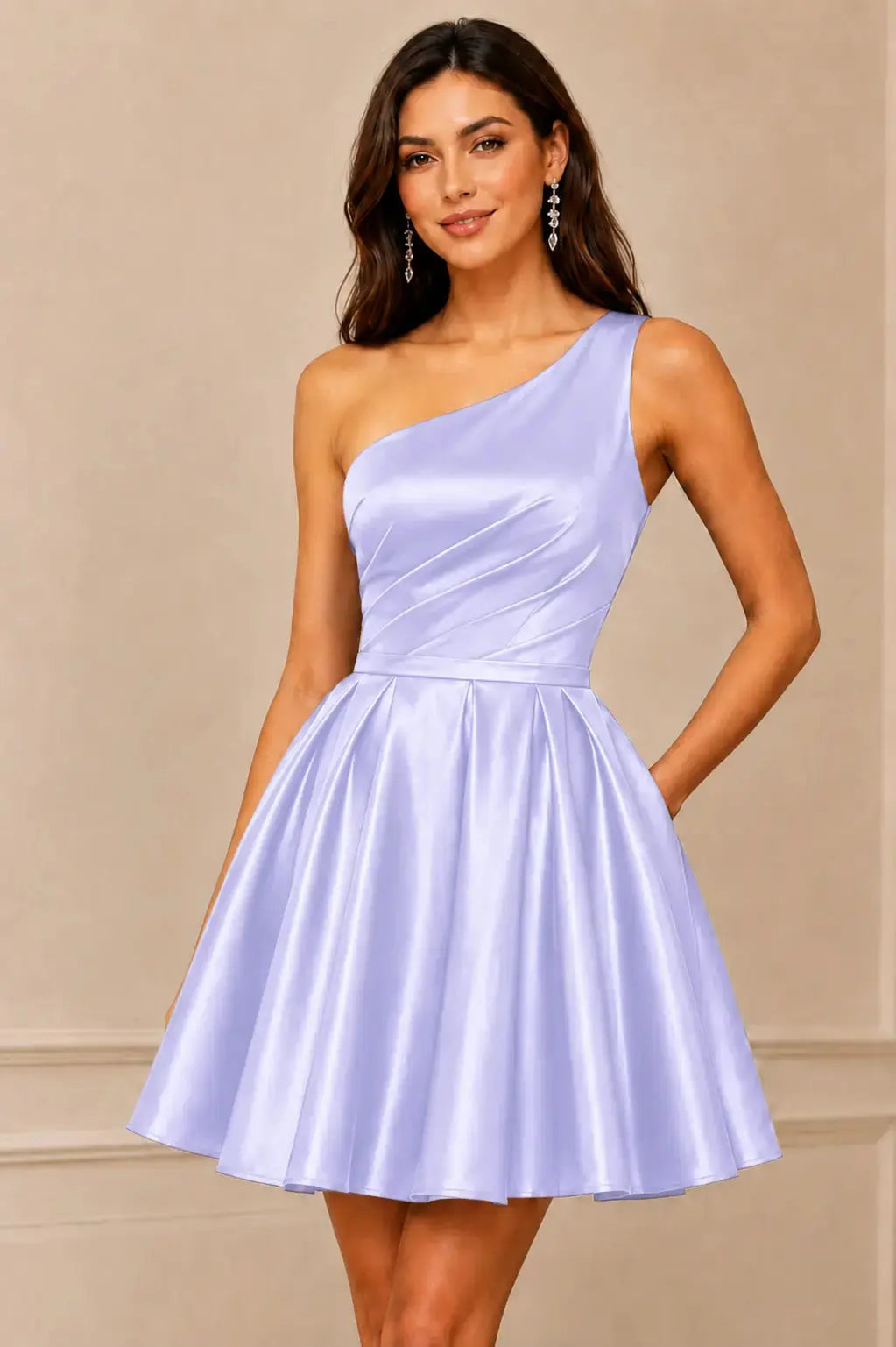 Green One Shoulder Satin Mini A Line Homecoming Dress With Pockets