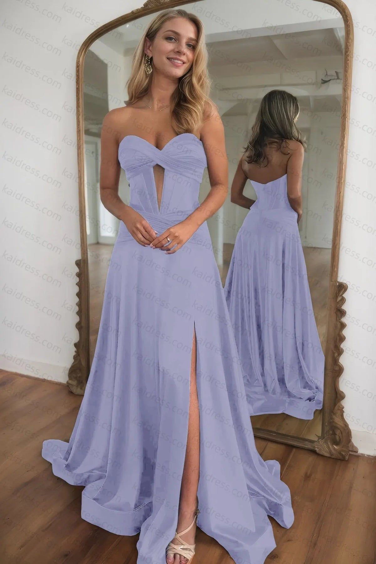 A-line Strapless Silk Long Blue Prom Dresses Elegant Evening Dress
