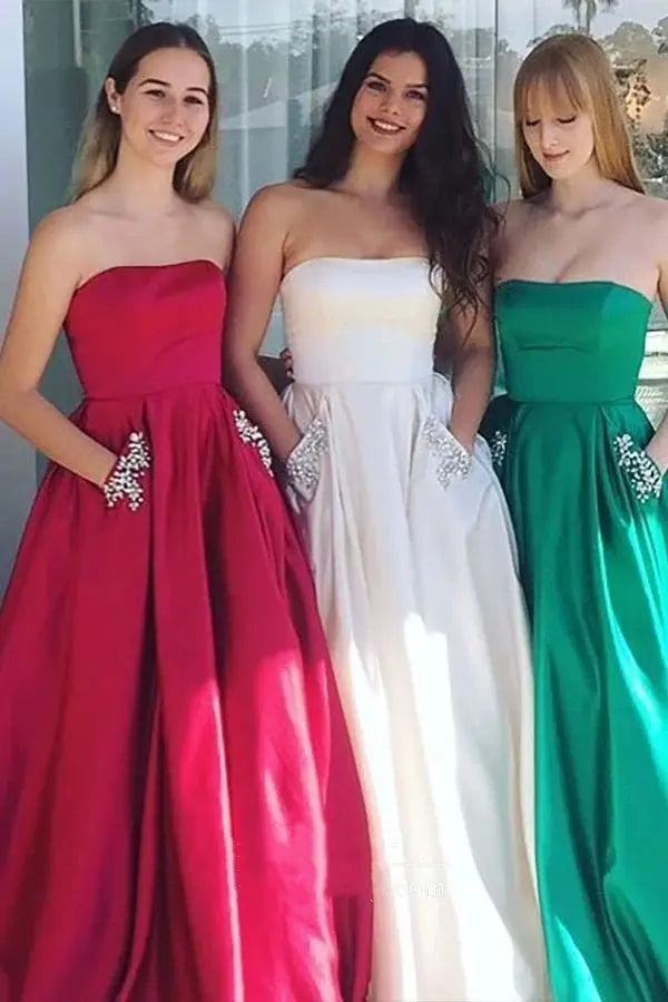 A-line Elegant Beaded Pockets Strapless Sky Blue Long Prom Dress
