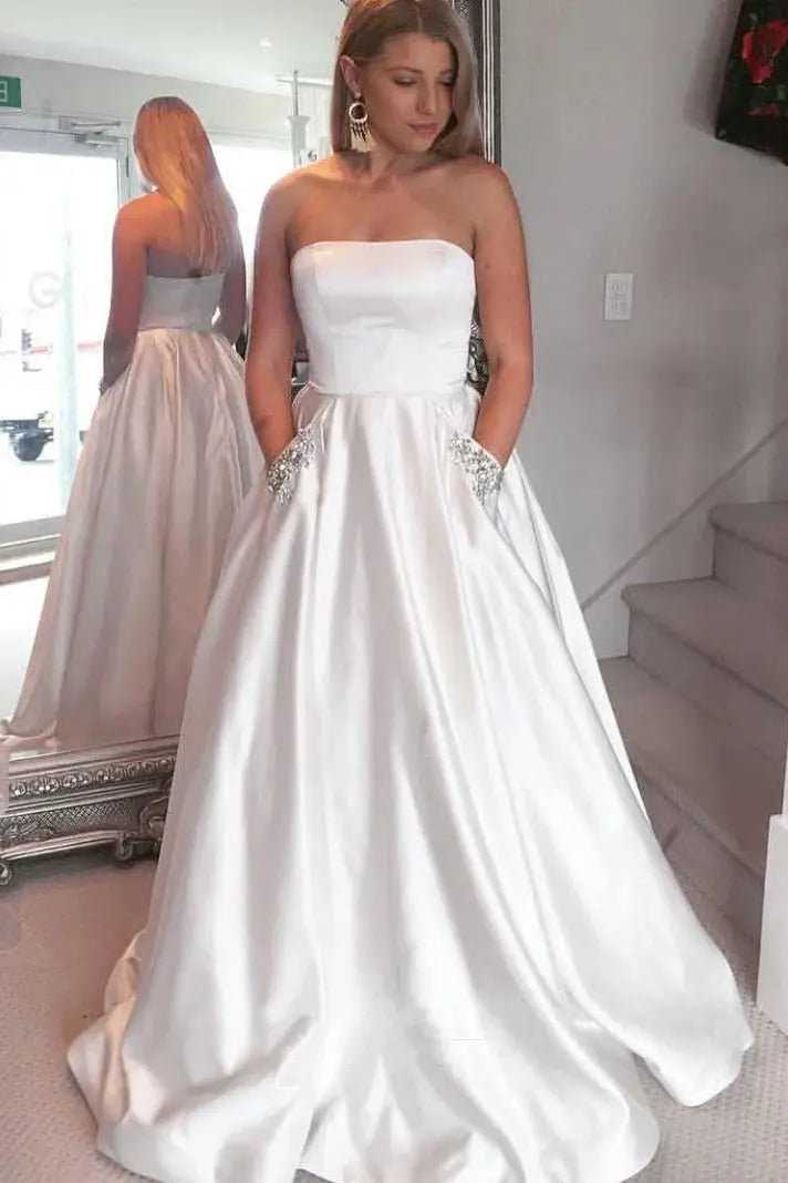 A-line Elegant Beaded Pockets Strapless Sky Blue Long Prom Dress