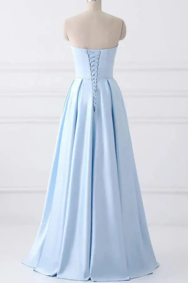 A-line Elegant Beaded Pockets Strapless Sky Blue Long Prom Dress