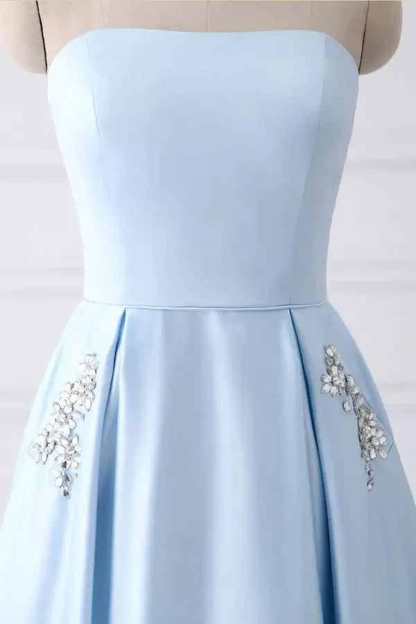A-line Elegant Beaded Pockets Strapless Sky Blue Long Prom Dress