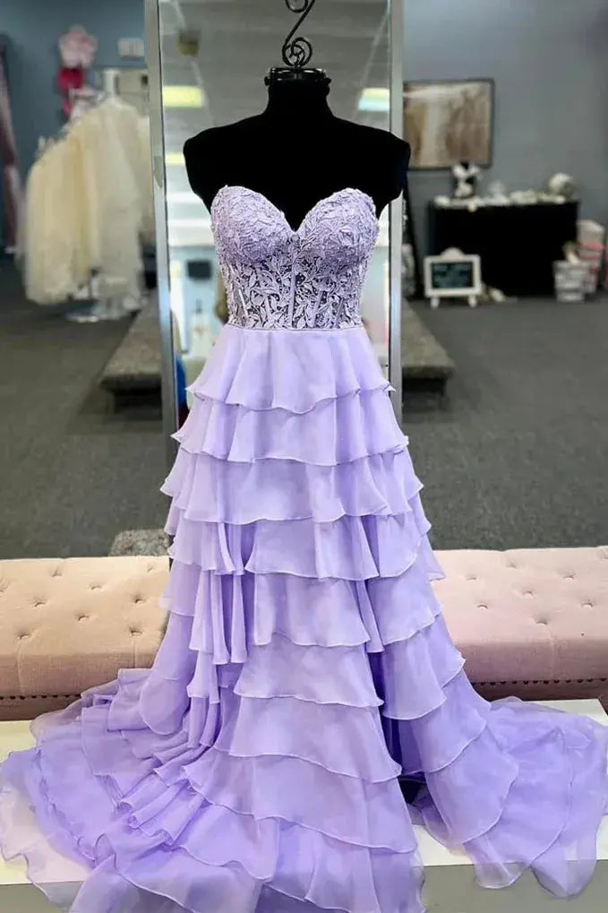 A-line/Princess Chiffon Fuchsia Sweetheart Tiered Ruffles Prom Dress with Slit Applique