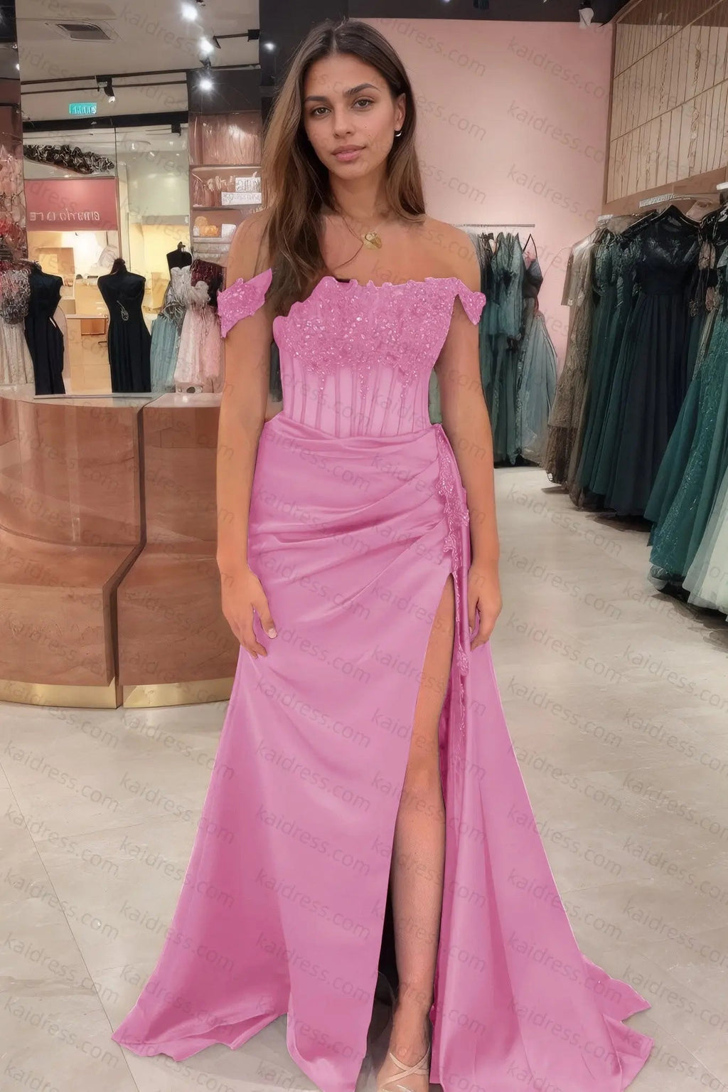 Sheath/Column Off the Shoulder Satin Beaded Prom Dress Burgundy With Appliques Prom Gown