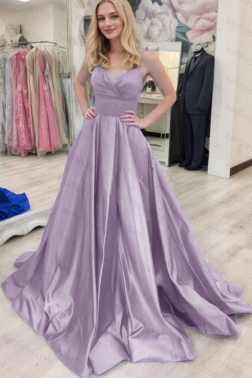 A-line V Neck Sleeveless Court Train Satin Prom Dresses With Bowknot Pleated Waistband