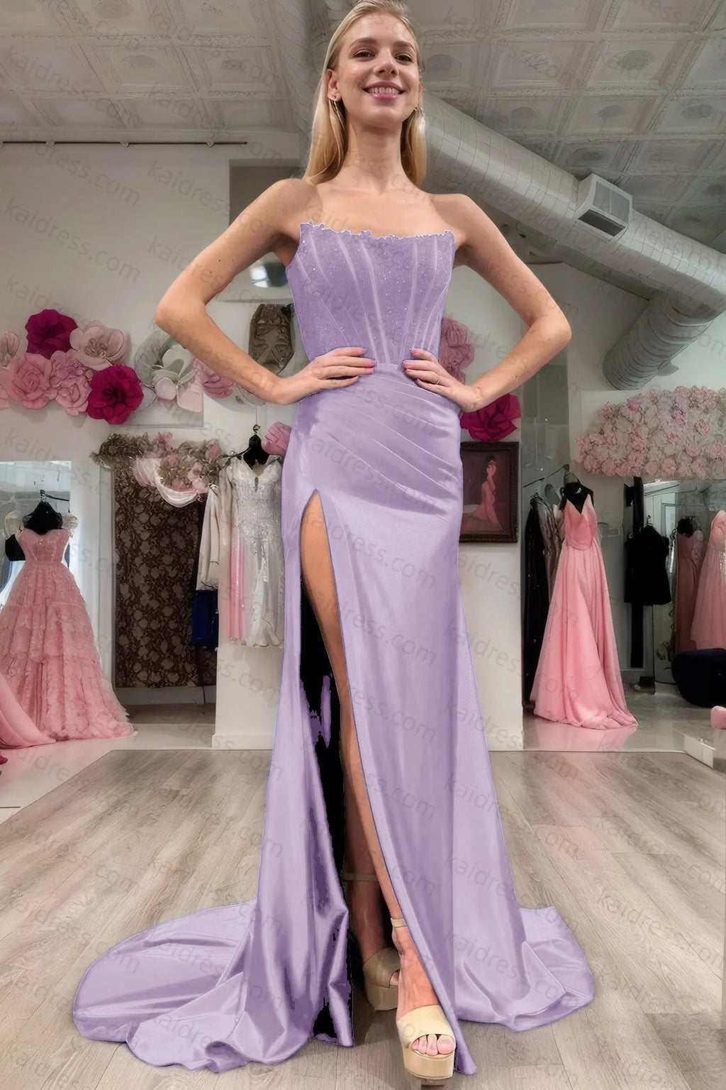 Sheath/Column Elastic Woven Satin Ruched Off-the-Shoulder Sleeveless Sweep/Brush Train Prom Dresses