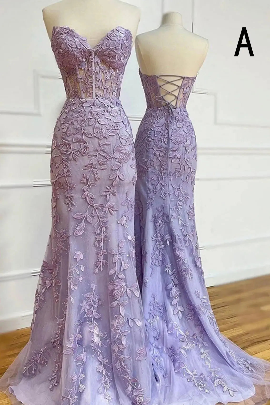 A-line Sweetheart Spaghetti Straps Sweep Train Lace Prom Dress With Beading