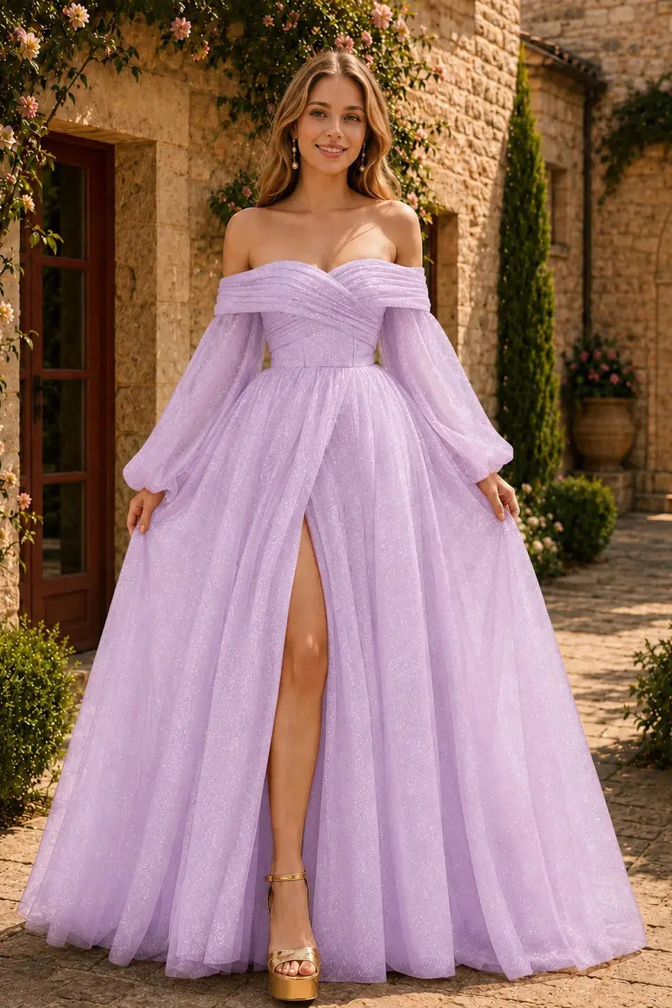 A-Line/Princess Tulle Ruched Long  Off-the-Shoulder Long Sleeves Prom Dresses Detachable Sleeves