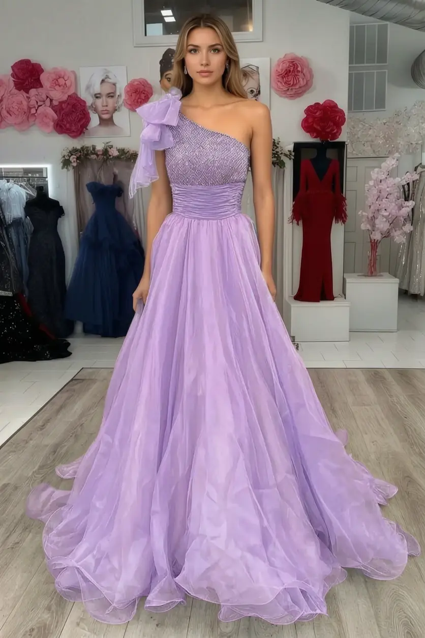 A Line Sparkly Sky Blue One Shoulder Long Prom Dress with Beading