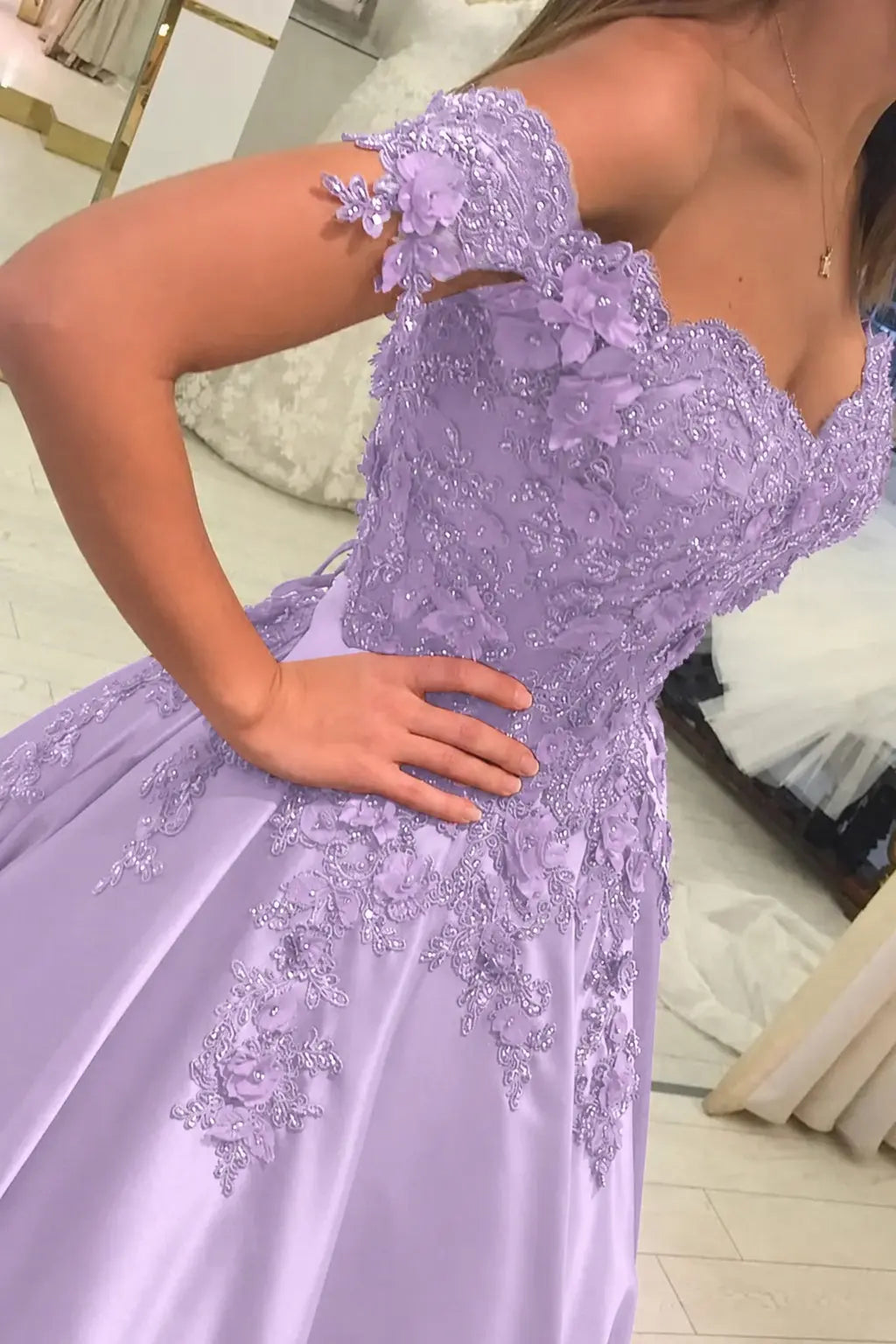 Appliquéd Off-the-Shoulder Satin Princess Prom Dress with Beads