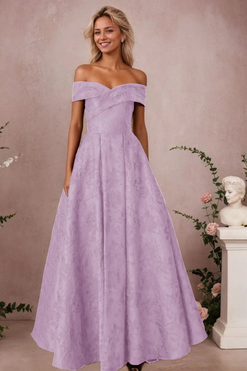 A-Line Off Shoulder Satin Burgundy Long Prom Dress Floral Jacquard Formal Ball Gowns