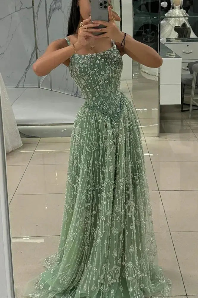 Luxury A-line Spaghetti Straps Beaded Lace Sweep Train Lace Prom Dress