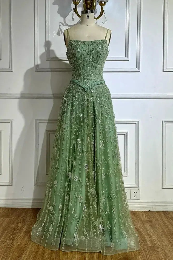 Luxury A-line Spaghetti Straps Beaded Lace Sweep Train Lace Prom Dress