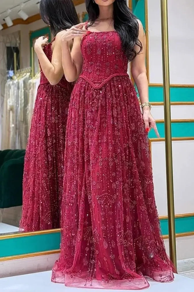 Luxury A-line Spaghetti Straps Beaded Lace Sweep Train Lace Prom Dress