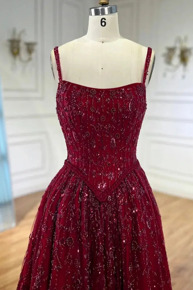 Luxury A-line Spaghetti Straps Beaded Lace Sweep Train Lace Prom Dress