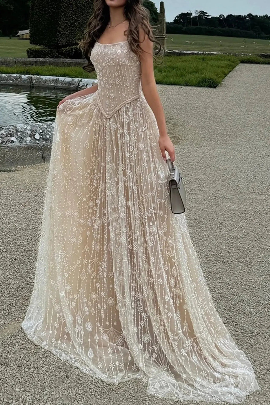 Luxury A-line Spaghetti Straps Beaded Lace Sweep Train Lace Prom Dress