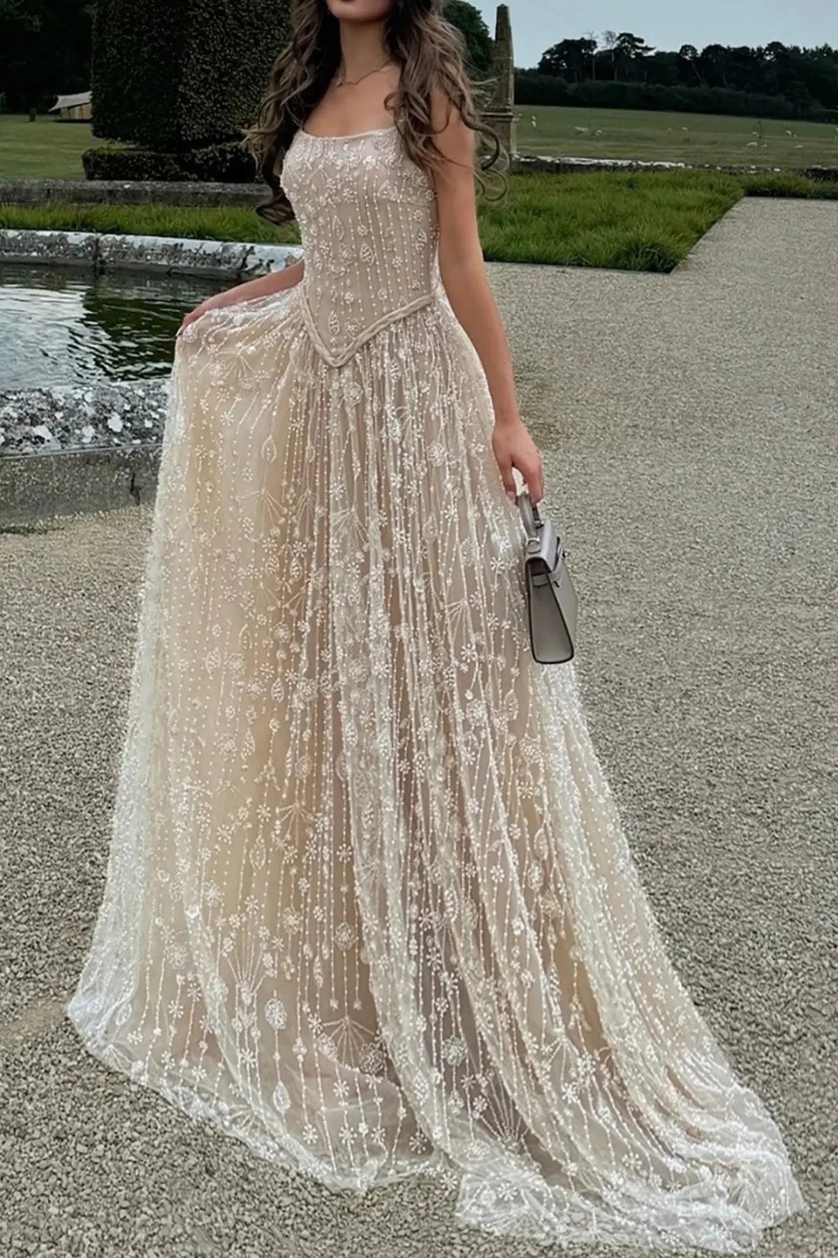 Luxury A-line Spaghetti Straps Beaded Lace Sweep Train Lace Prom Dress