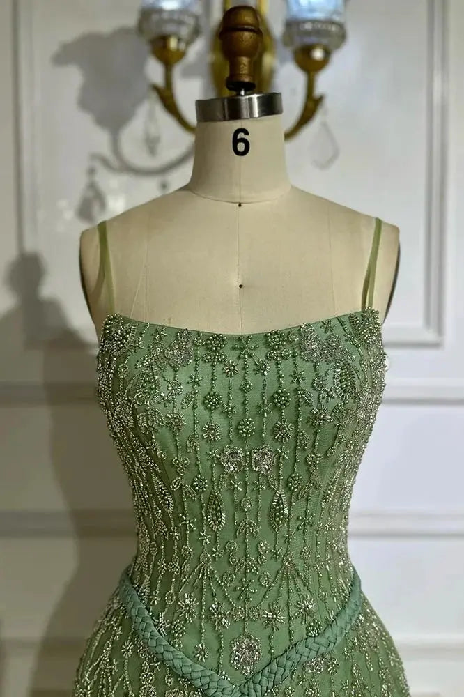 Luxury A-line Spaghetti Straps Beaded Lace Sweep Train Lace Prom Dress
