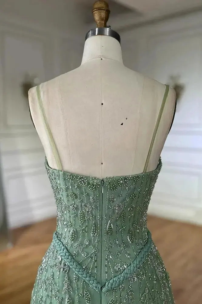 Luxury A-line Spaghetti Straps Beaded Lace Sweep Train Lace Prom Dress