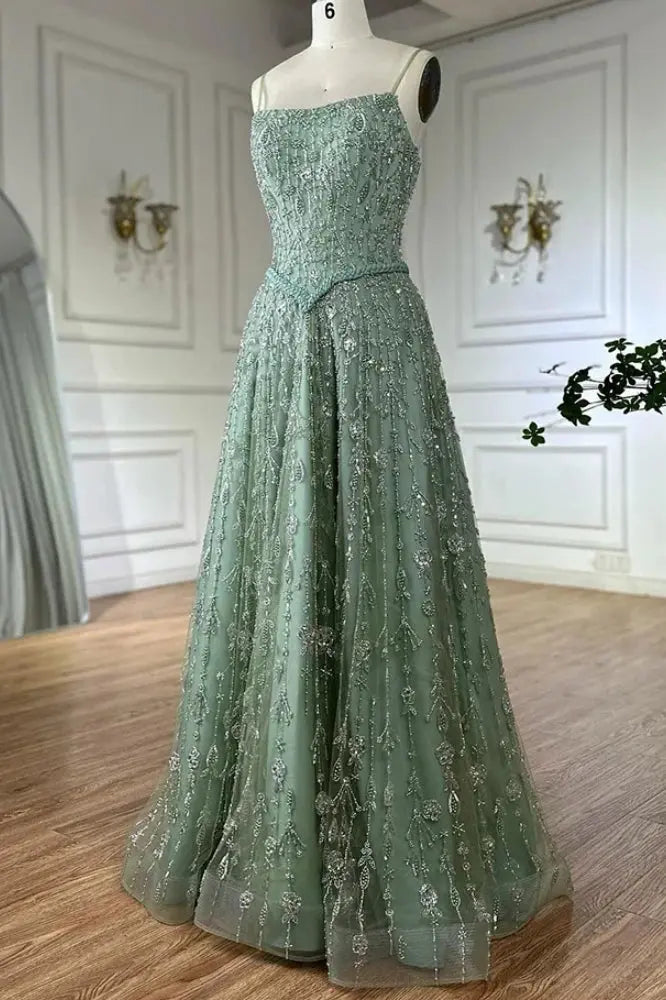 Luxury A-line Spaghetti Straps Beaded Lace Sweep Train Lace Prom Dress