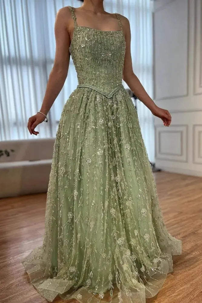 Luxury A-line Spaghetti Straps Beaded Lace Sweep Train Lace Prom Dress