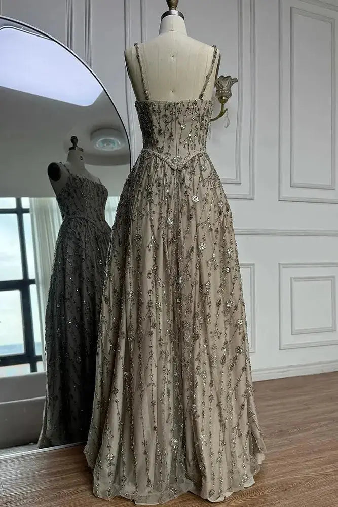 Luxury A-line Spaghetti Straps Beaded Lace Sweep Train Lace Prom Dress