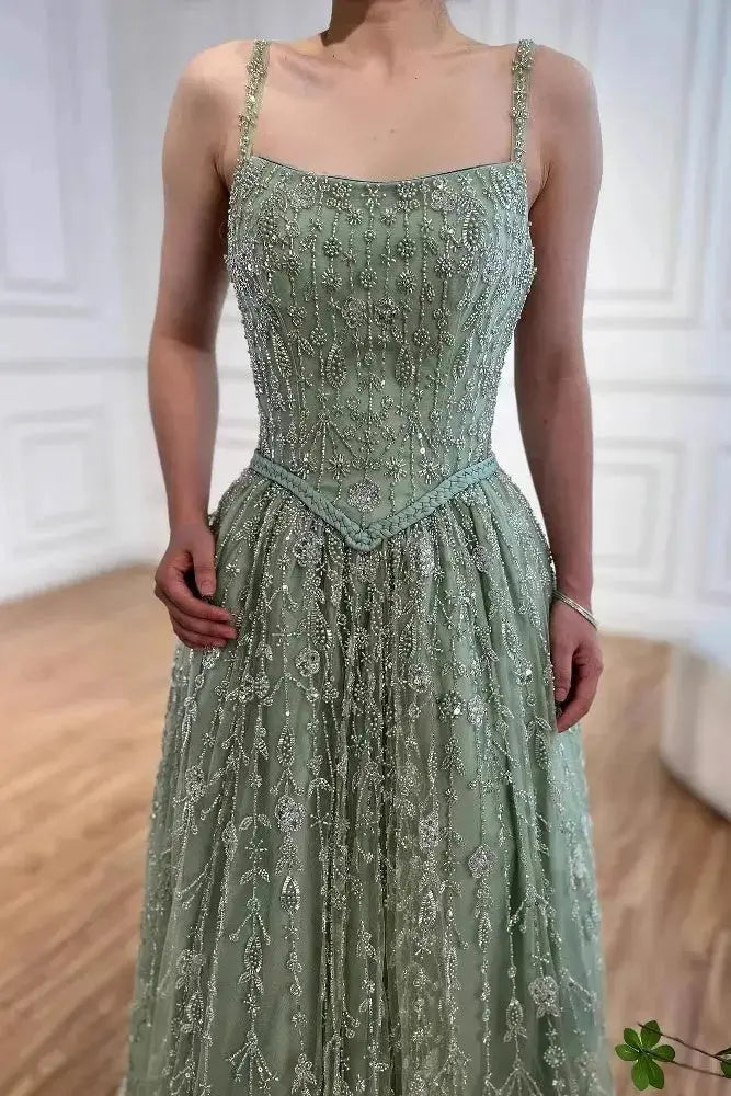 Luxury A-line Spaghetti Straps Beaded Lace Sweep Train Lace Prom Dress