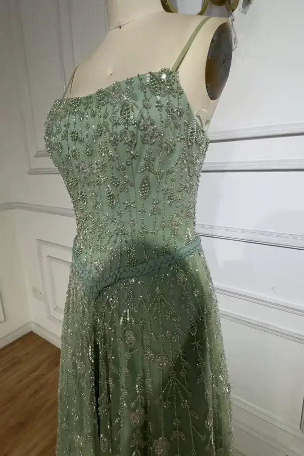 Luxury A-line Spaghetti Straps Beaded Lace Sweep Train Lace Prom Dress