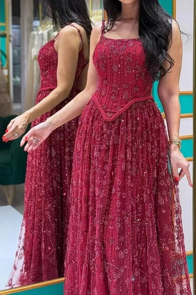 Luxury A-line Spaghetti Straps Beaded Lace Sweep Train Lace Prom Dress