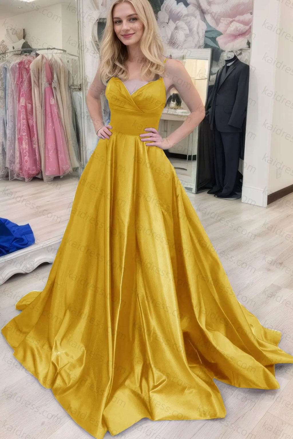 A-line V Neck Sleeveless Court Train Satin Prom Dresses With Bowknot Pleated Waistband