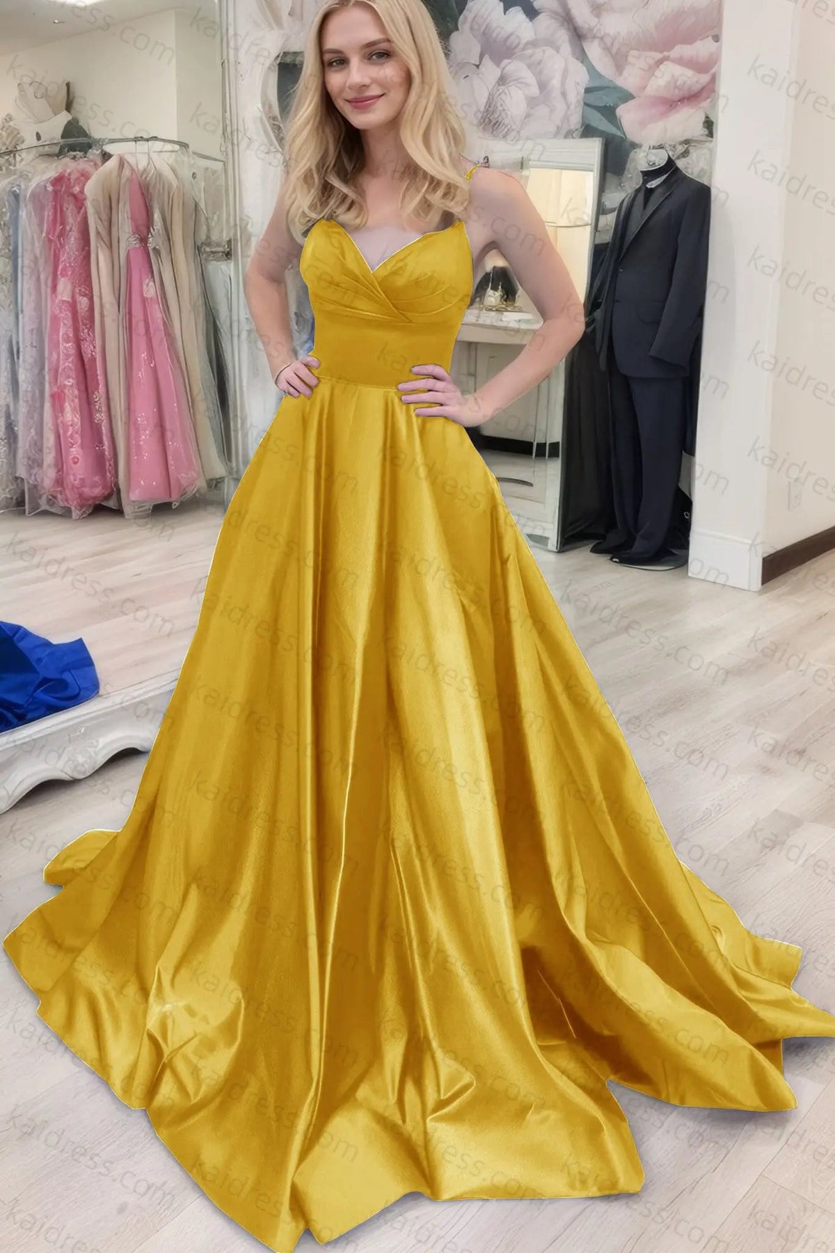 A-line V Neck Sleeveless Court Train Satin Prom Dresses With Bowknot Pleated Waistband