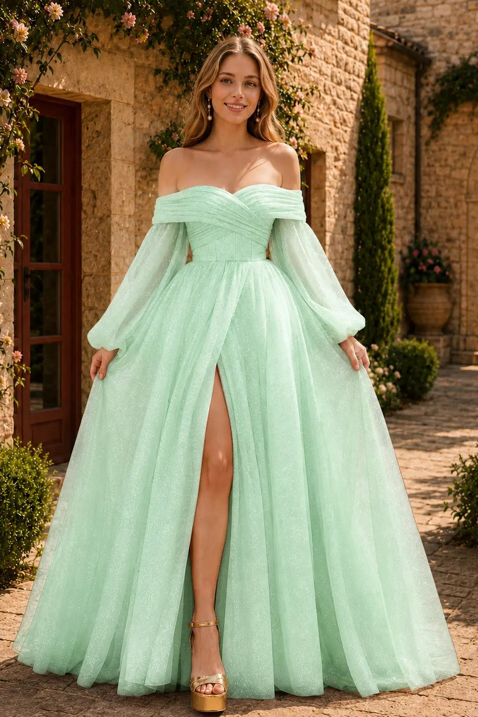 A-Line/Princess Tulle Ruched Long  Off-the-Shoulder Long Sleeves Prom Dresses Detachable Sleeves