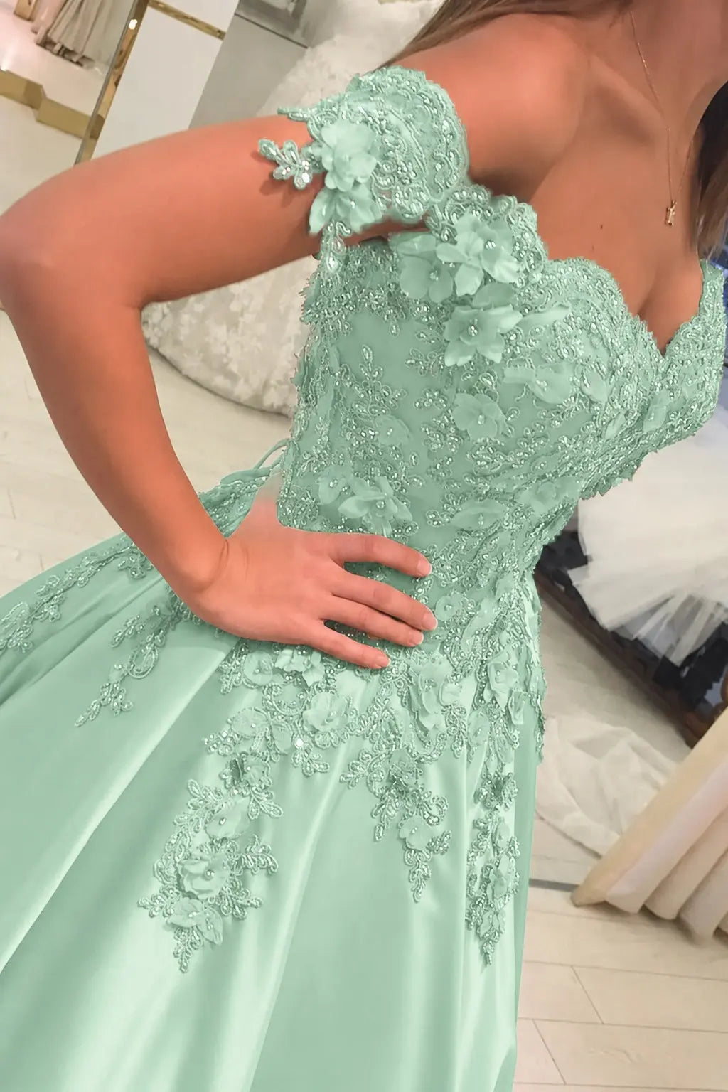 Appliquéd Off-the-Shoulder Satin Princess Prom Dress with Beads