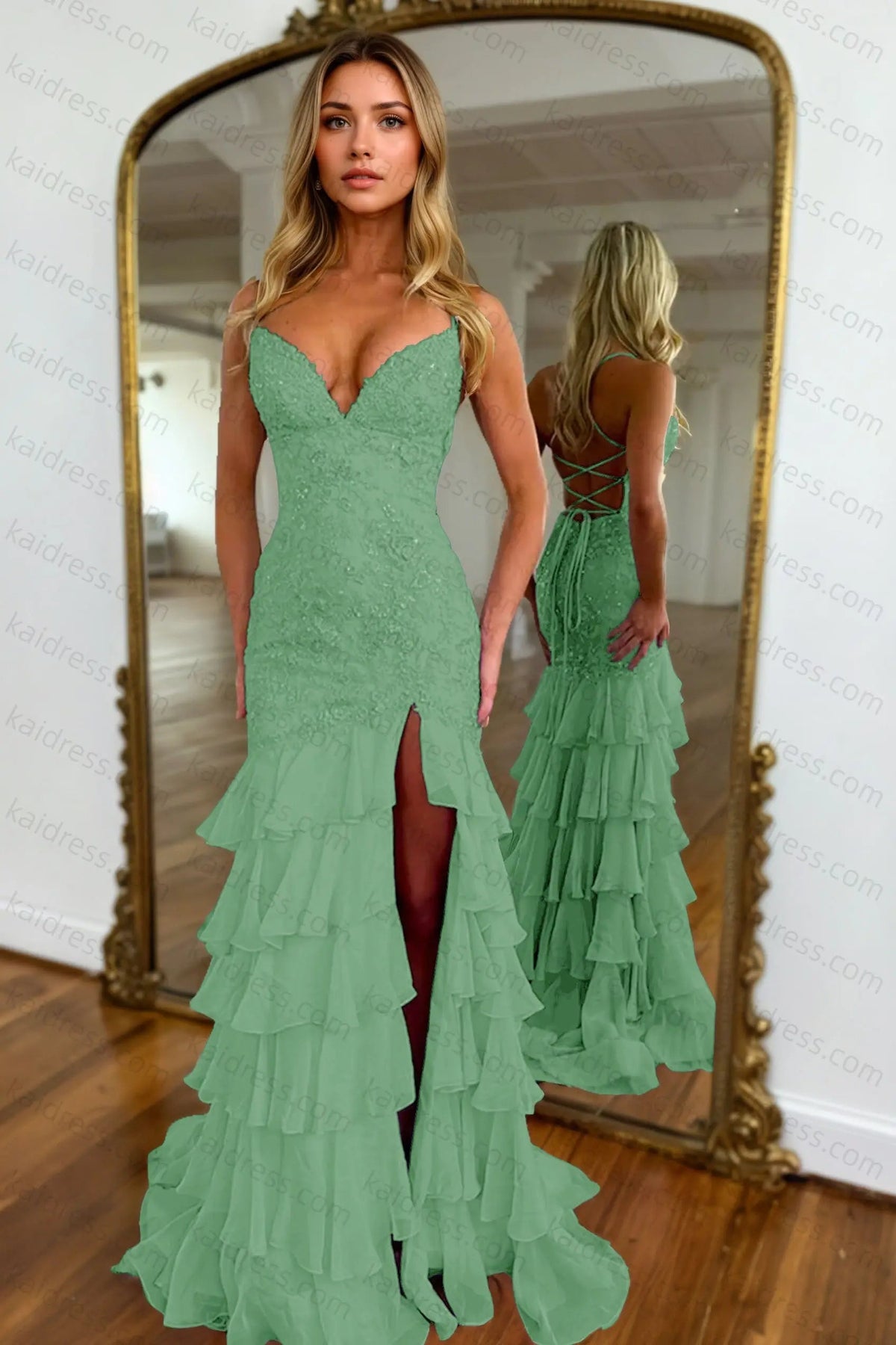 Mermaid Sparkly Lilac Lace Appliques Sheath Tiered Long Chiffon Prom Dress with Slit